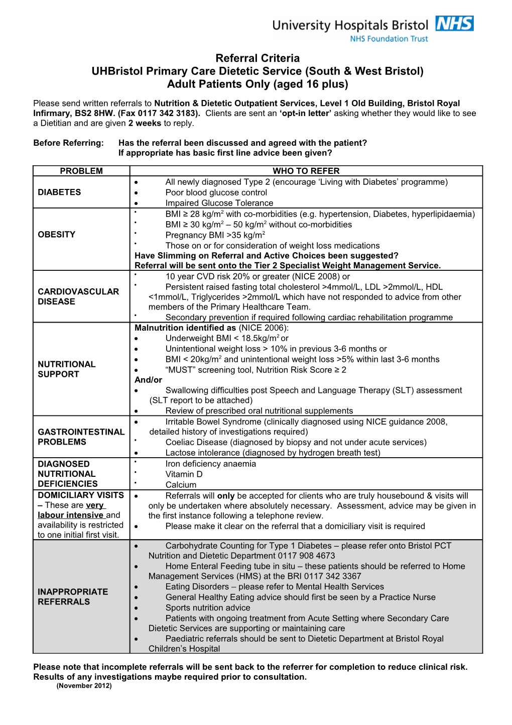 Uhbristol Primary Care Dietetic Service (South & West Bristol)