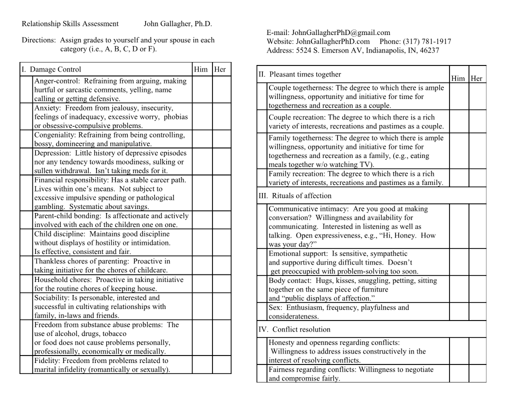 Assessment for the Skills of Intimacy John Gallagher, Ph
