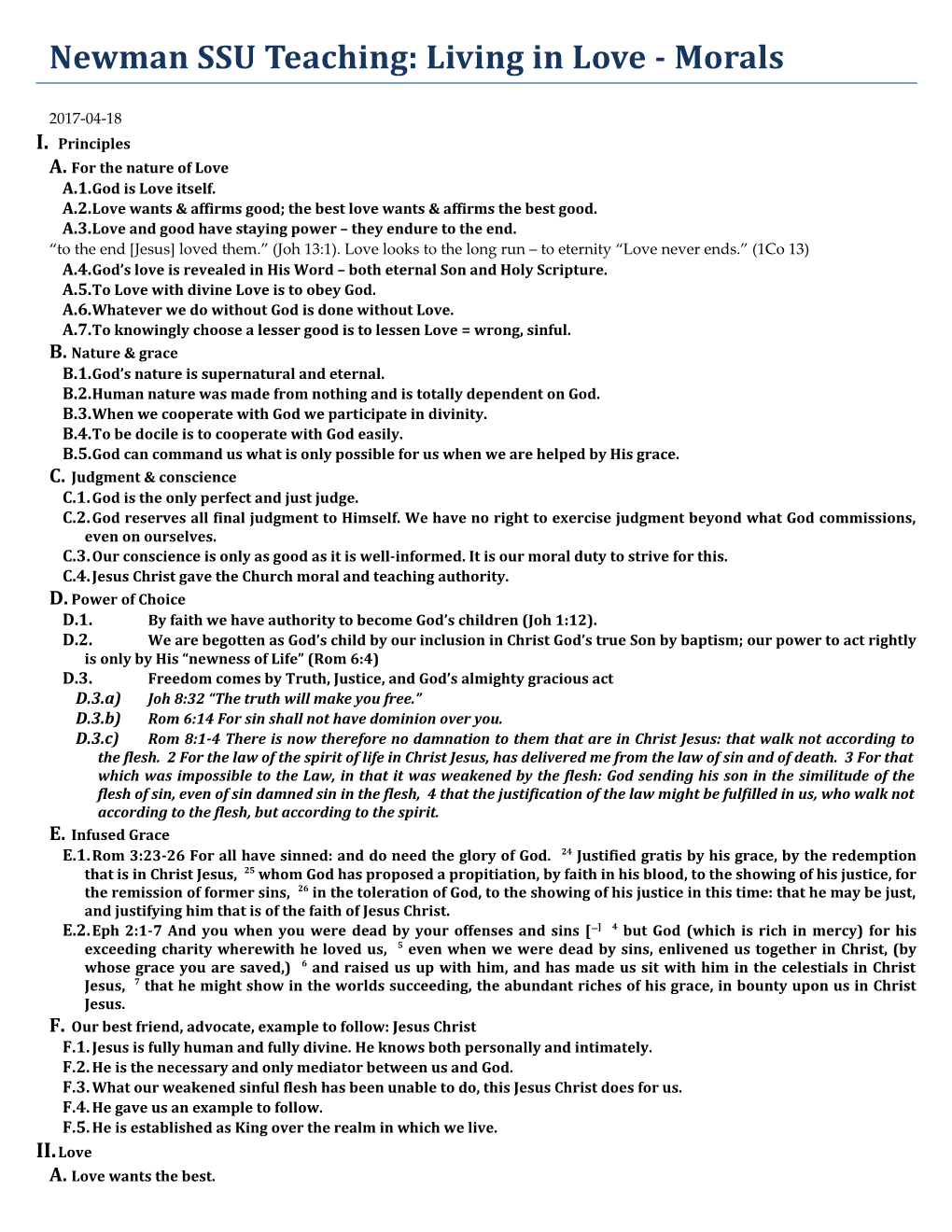 Newman SSU Teaching: Living in Love - Morals