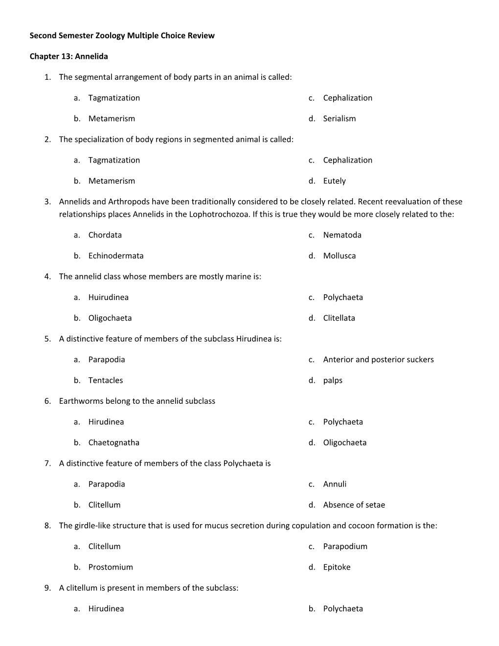 Second Semester Zoology Multiple Choice Review