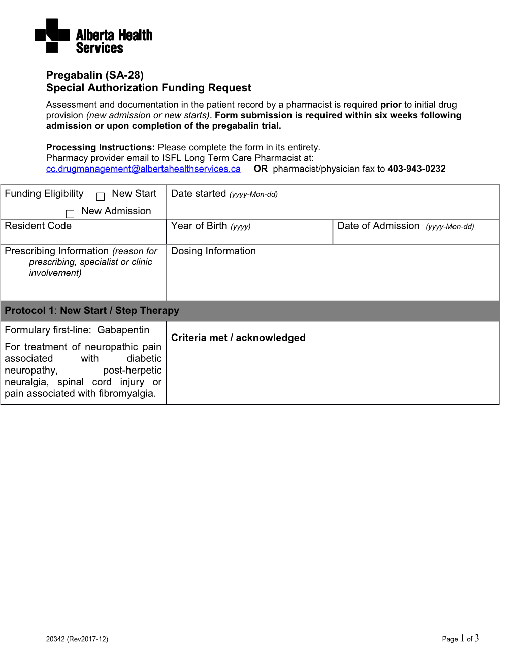 Pregabalin (SA-28) Special Authorization Funding Request