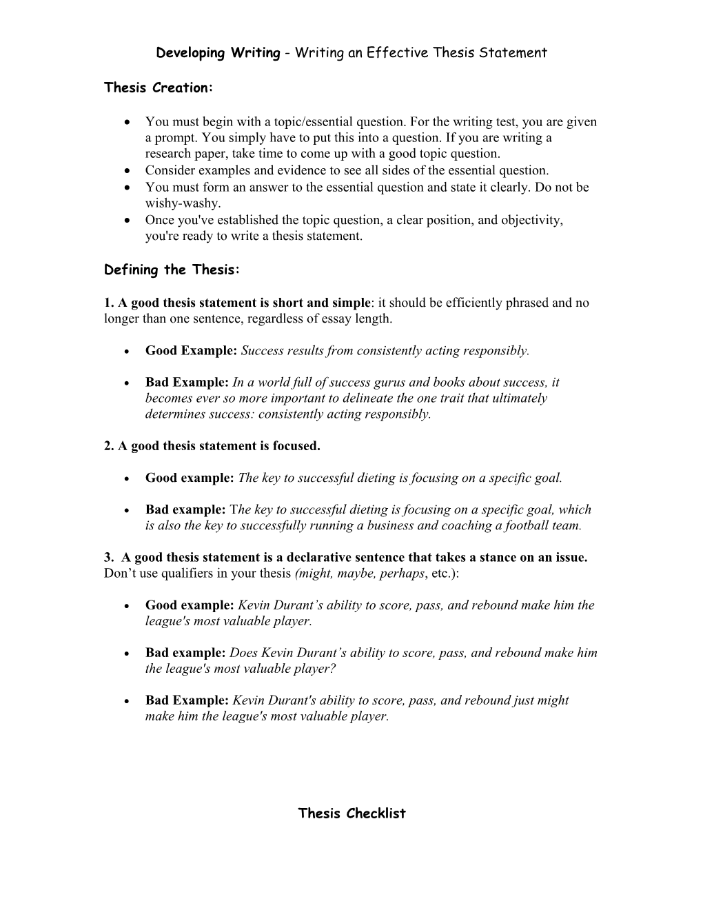 Developing Writing - Writing an Effective Thesis Statement