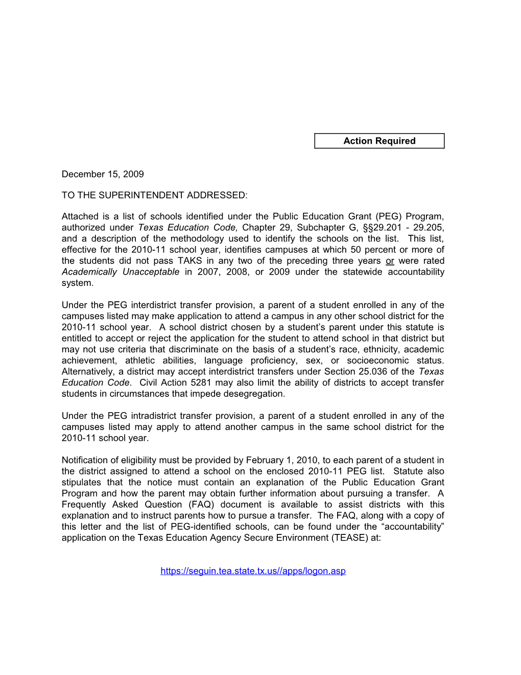 PEG Correspondence to Superintendents, INCLUDING Method & Column Expln Attachments