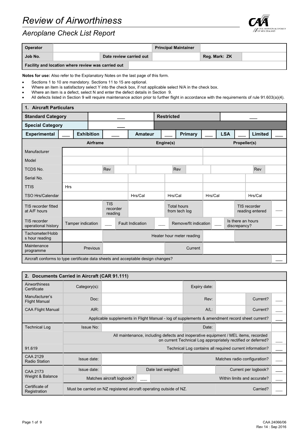 Aeroplane Check List Report