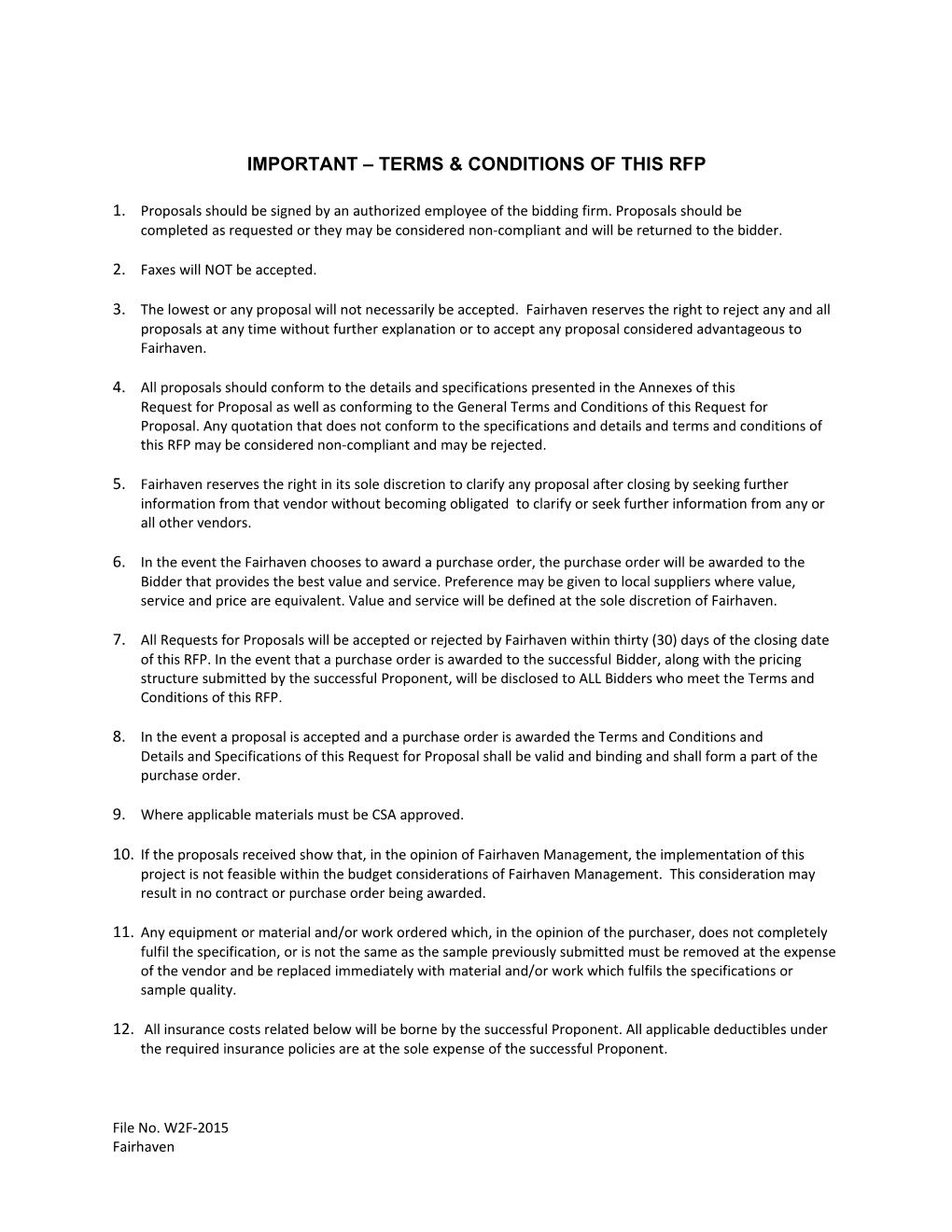 Important Terms & Conditions of This Rfp