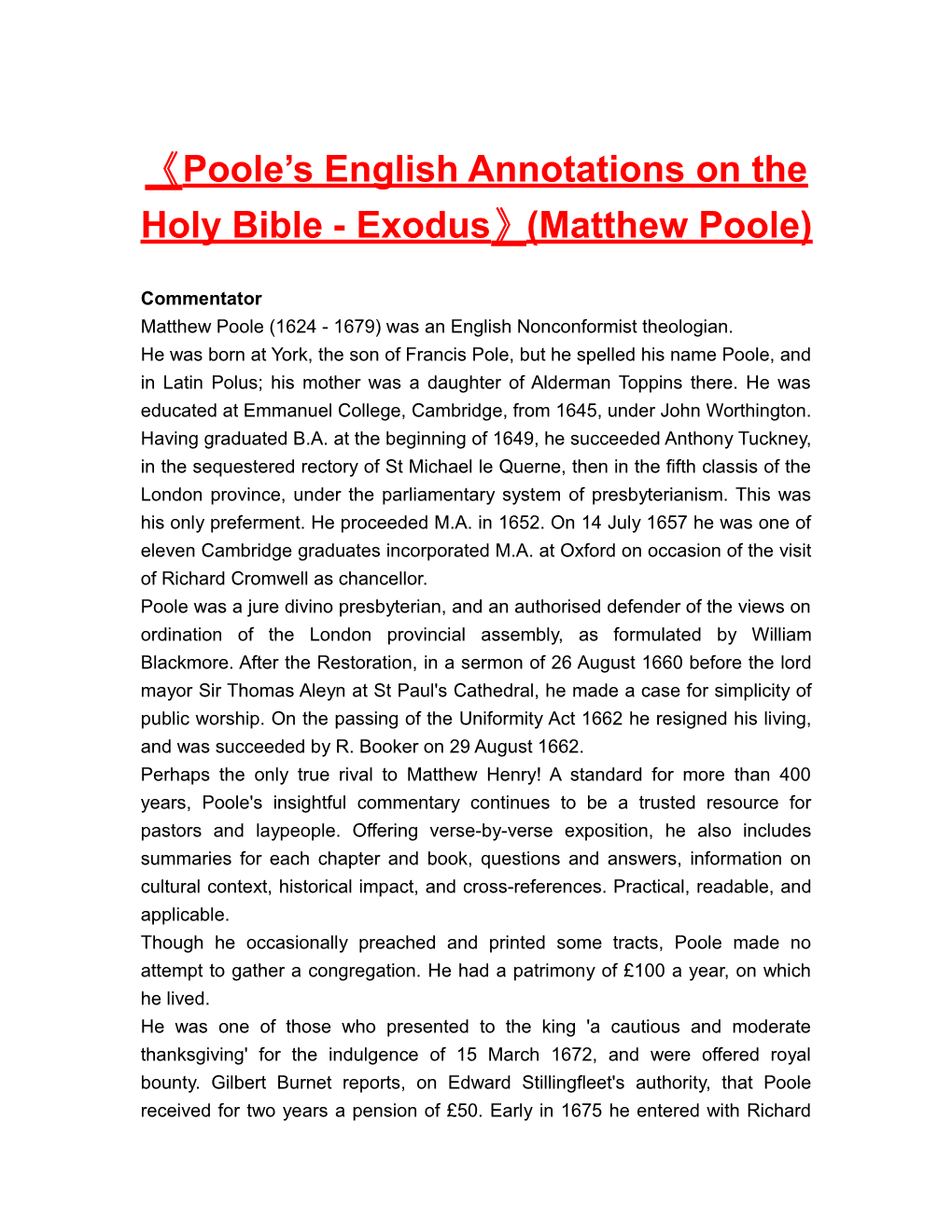 Poole S English Annotationson the Holy Bible - Exodus (Matthew Poole)