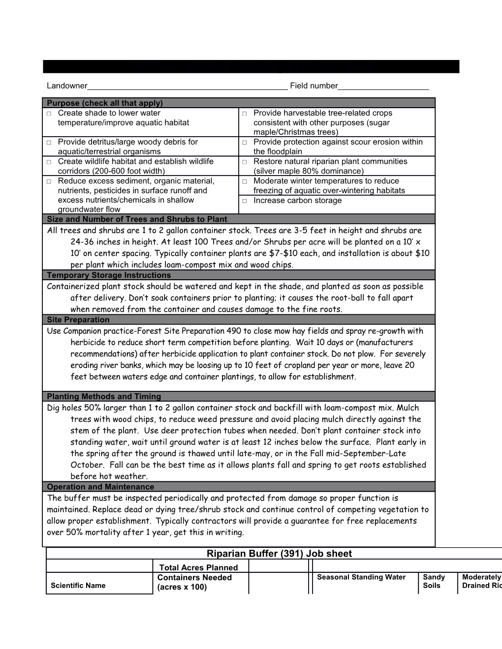 NH Tree and Shrub Planting 612 Job Sheet