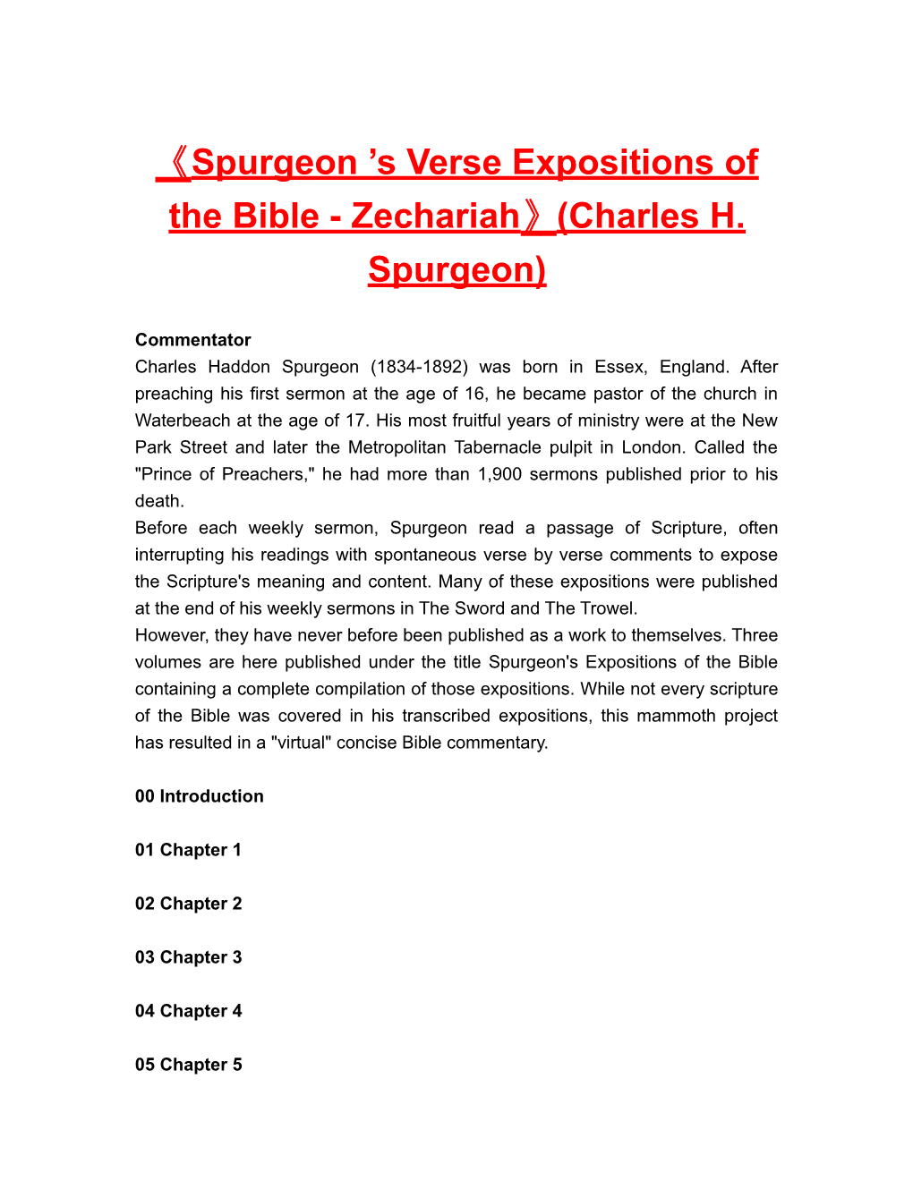 Spurgeon S Verseexpositions of the Bible - Zechariah (Charles H. Spurgeon)