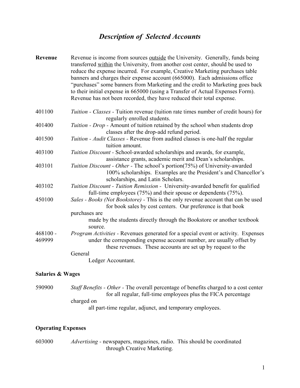 Descriptive Chart of Accounts