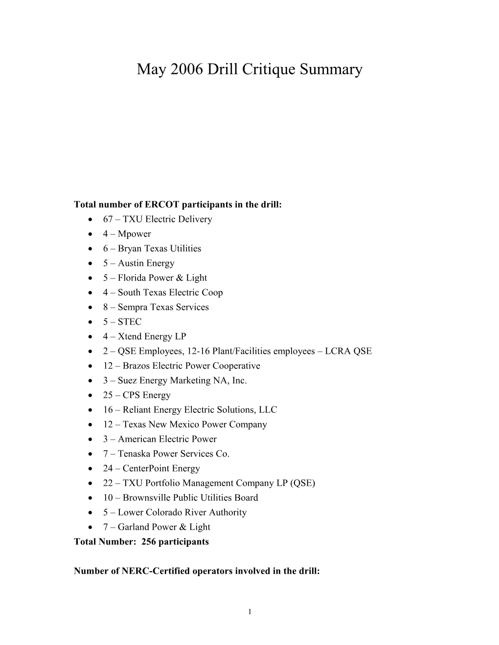 ERCOT: May Drill Critique Template