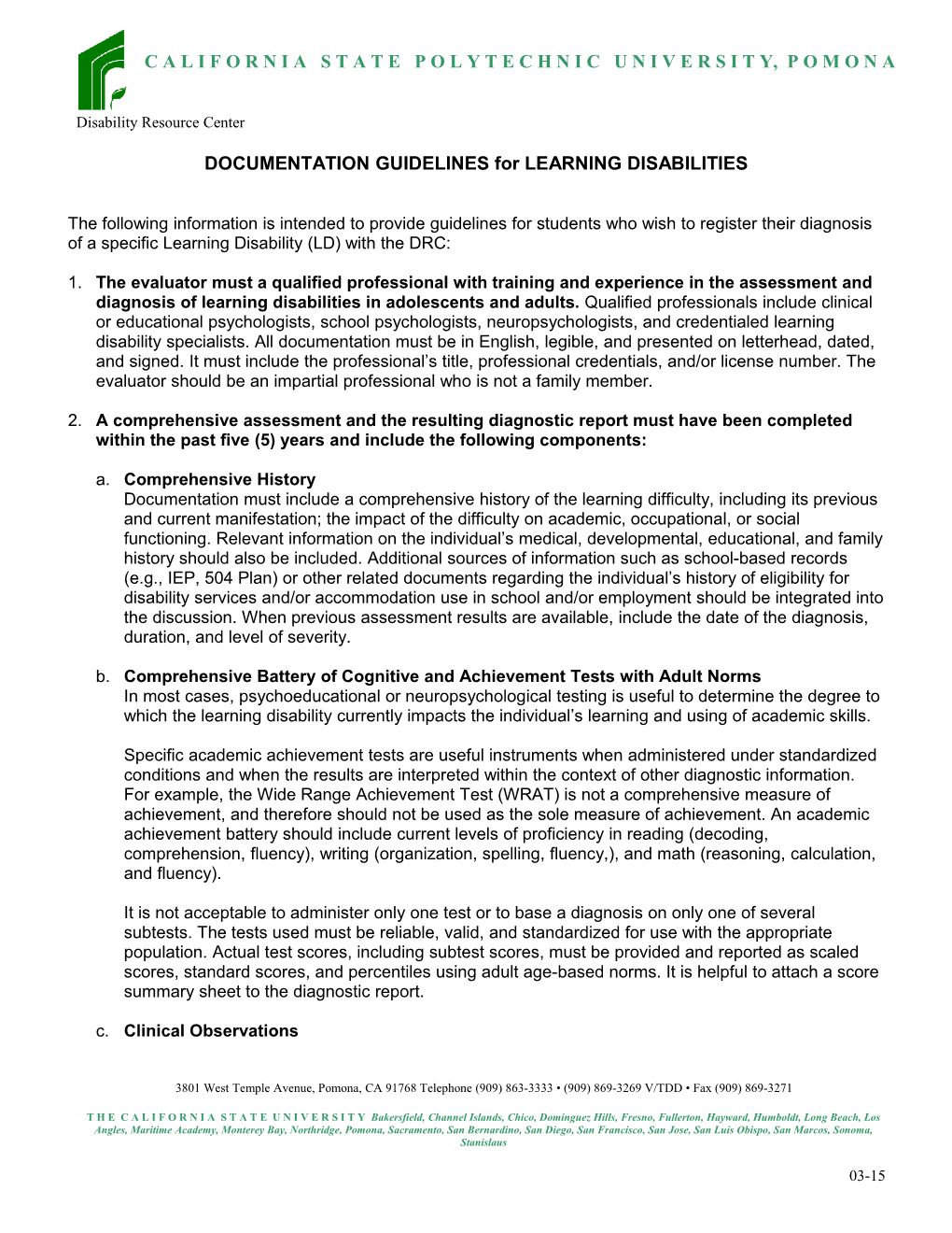 DOCUMENTATION GUIDELINES for LEARNING DISABILITIES