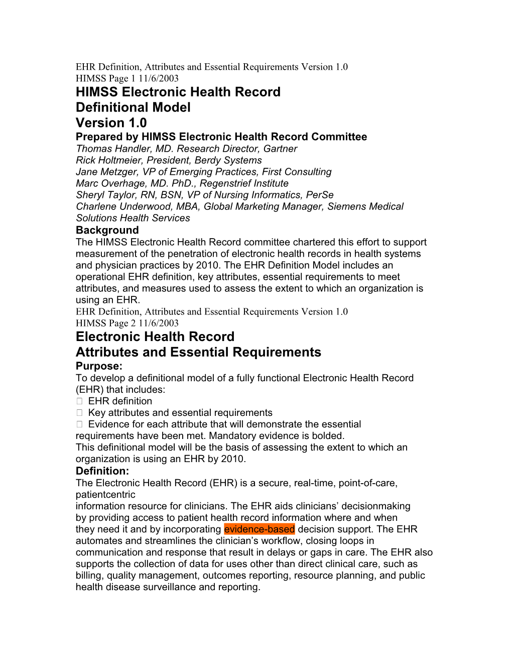 EHR Definition, Attributes and Essential Requirements Version 1