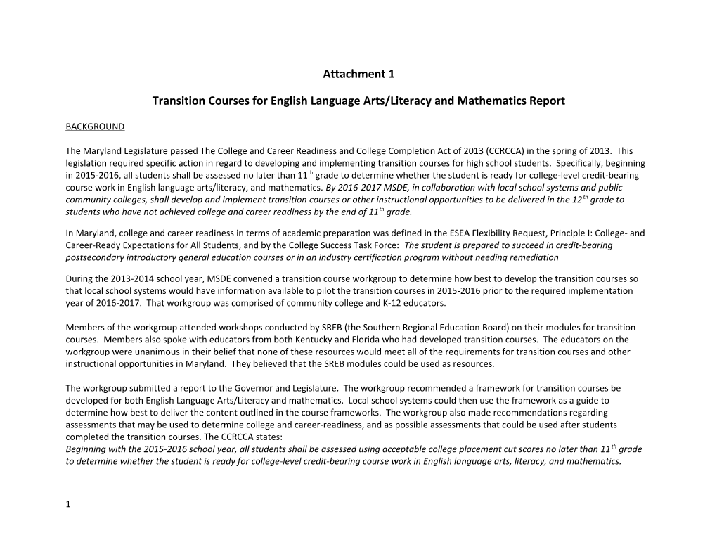 Transition Courses for English Language Arts/Literacy and Mathematics Report