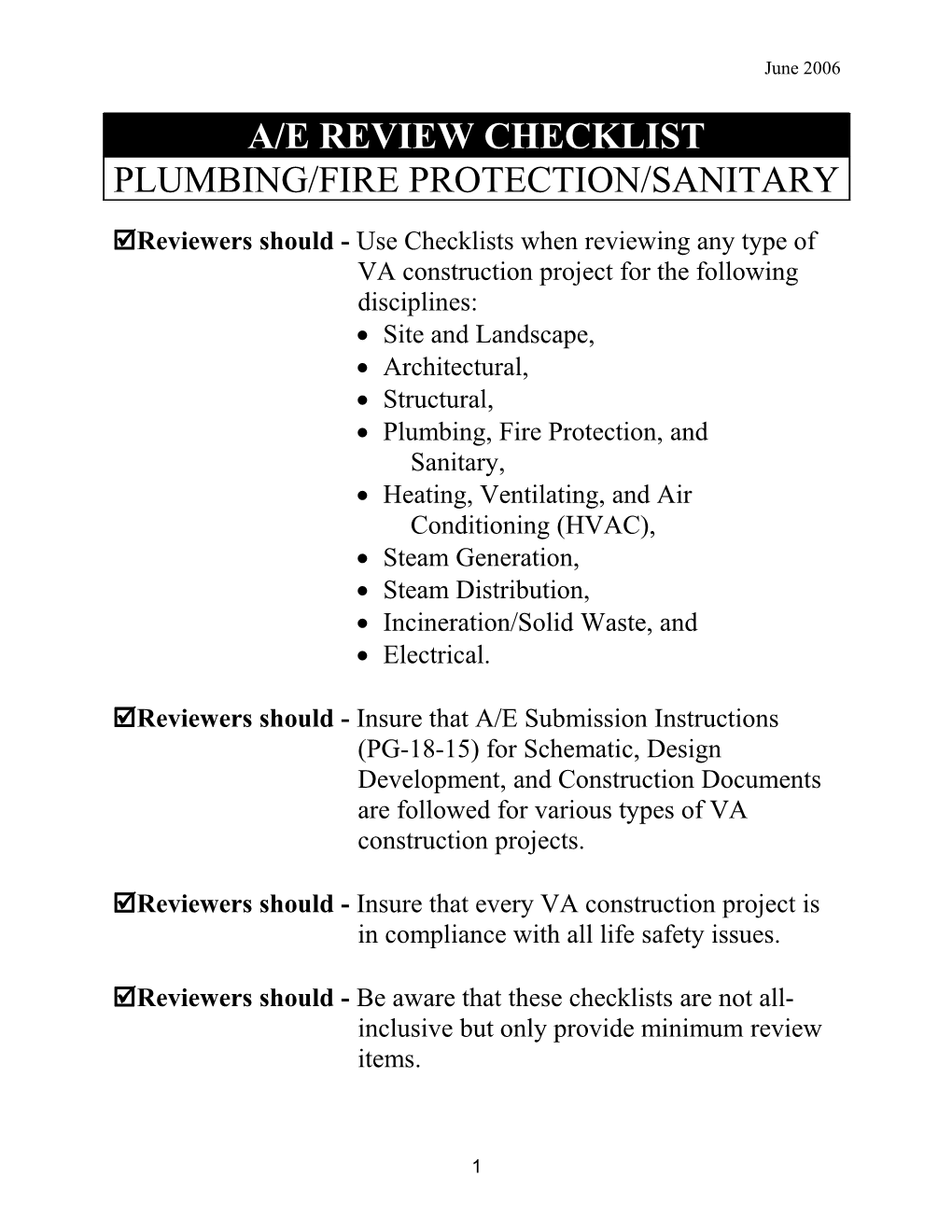 A/E Checklist - Plumbing/Fire Protection/Sanitary
