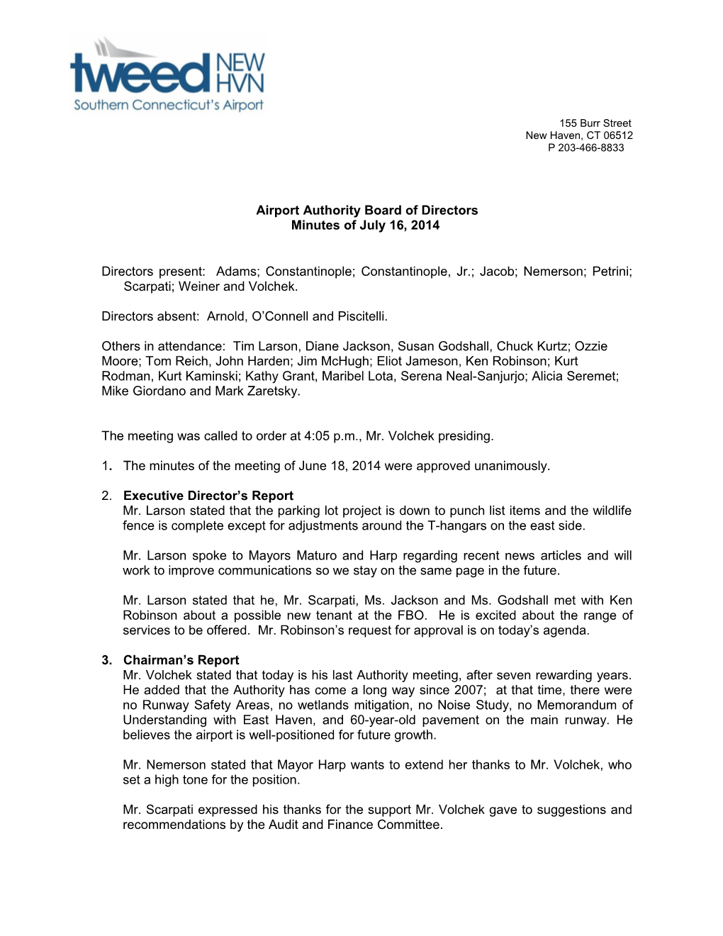 Tweed-New Haven Airport Authority Meeting Minutes Page 1