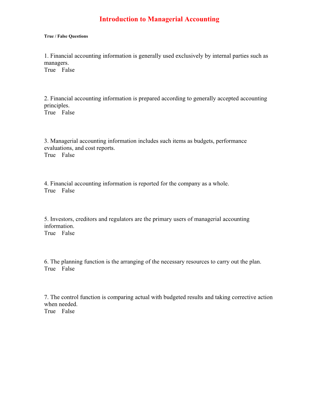 Introduction to Managerial Accounting