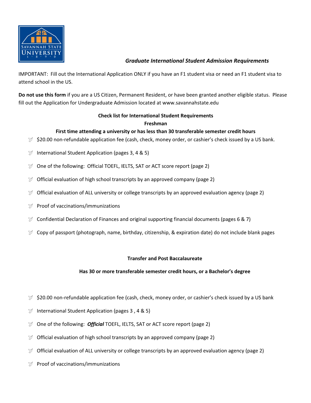 Check List for International Student Requirements