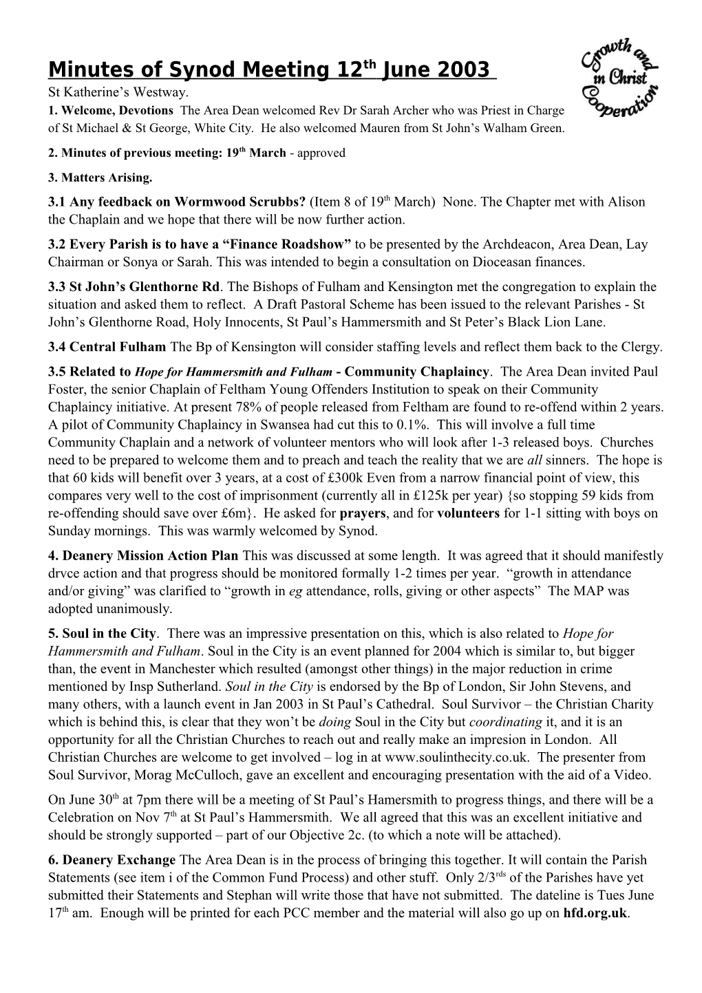 Agenda for Synod Meeting 12Th Sept 2002