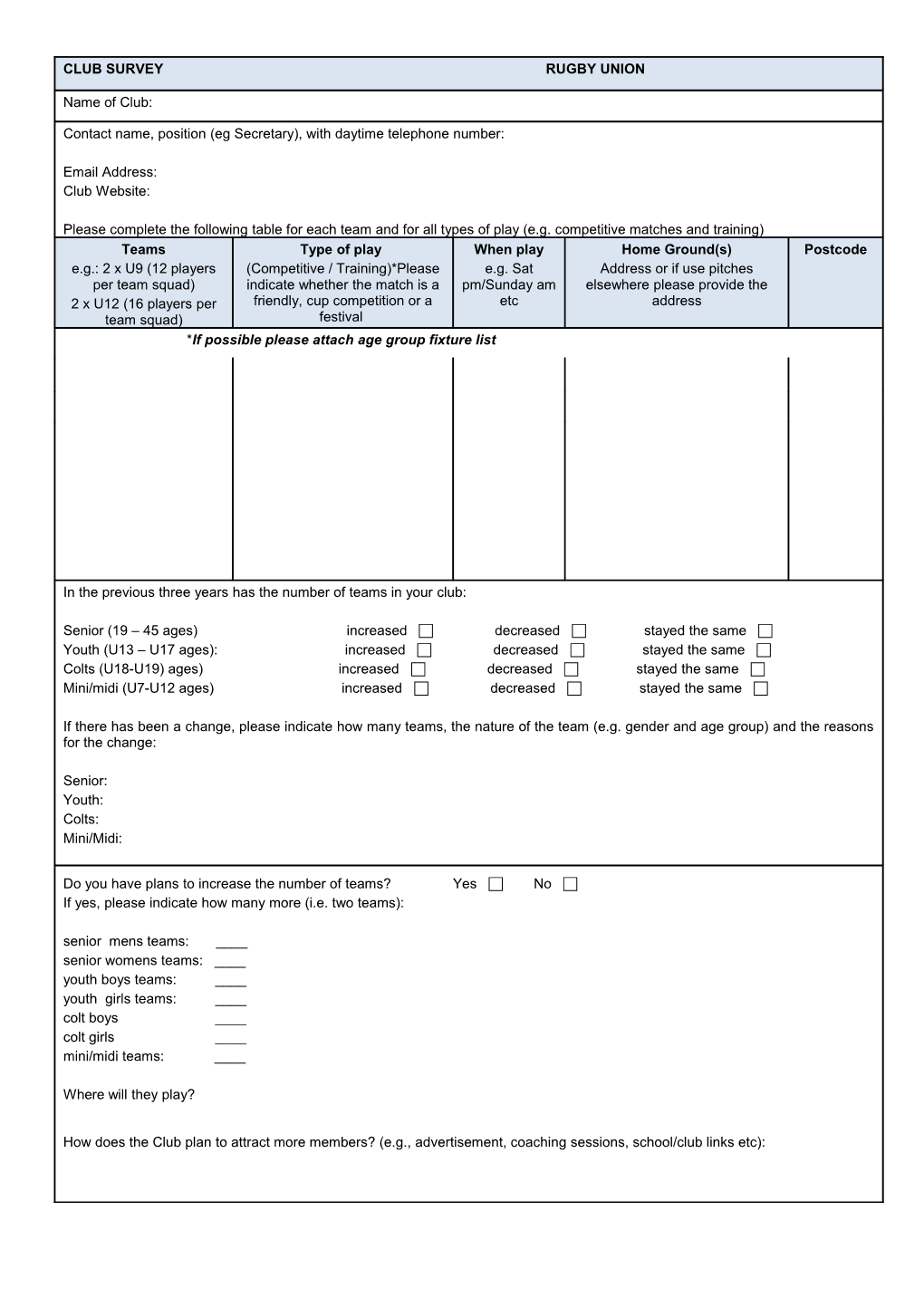 Club Survey Rugby Union