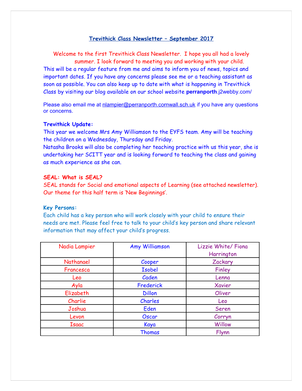 Red Class Newsletter September 04