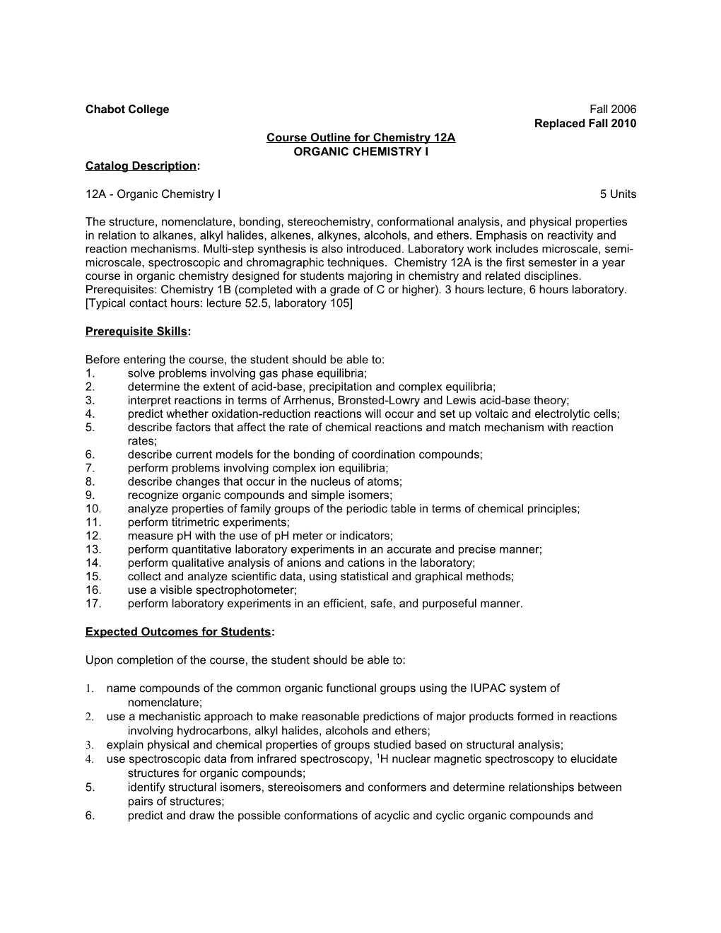 Course Outline for Chemistry 12A, Page 1