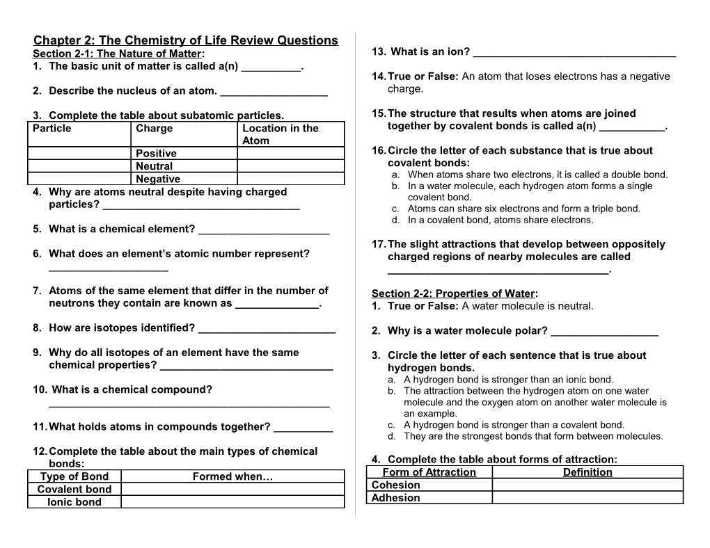 Chapter 2: the Chemistry of Life Review Questions