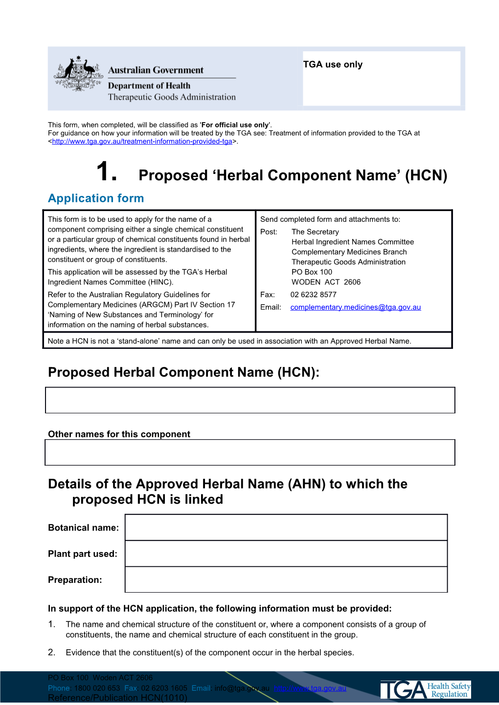 Proposed Herbal Component Name (HCN) Application Form