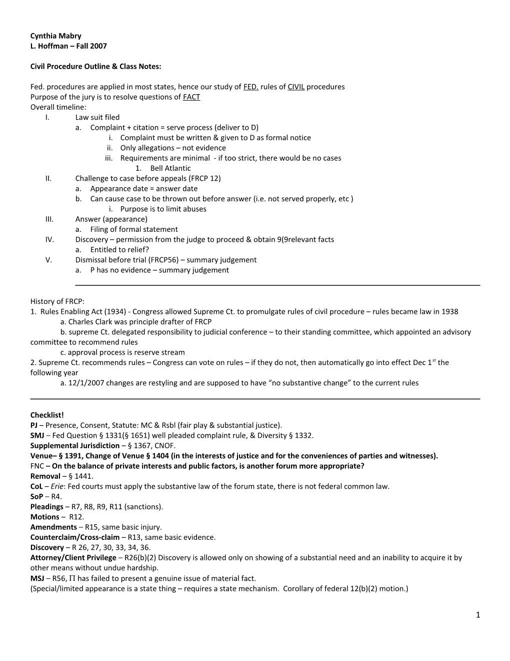 Civil Procedure Outline & Class Notes