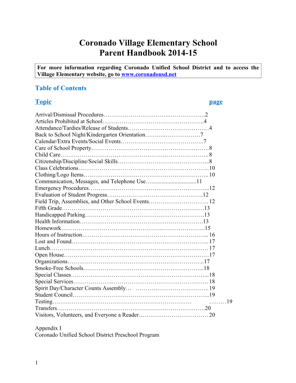 Coronado Village Elementary School Parent Handbook 2014-15