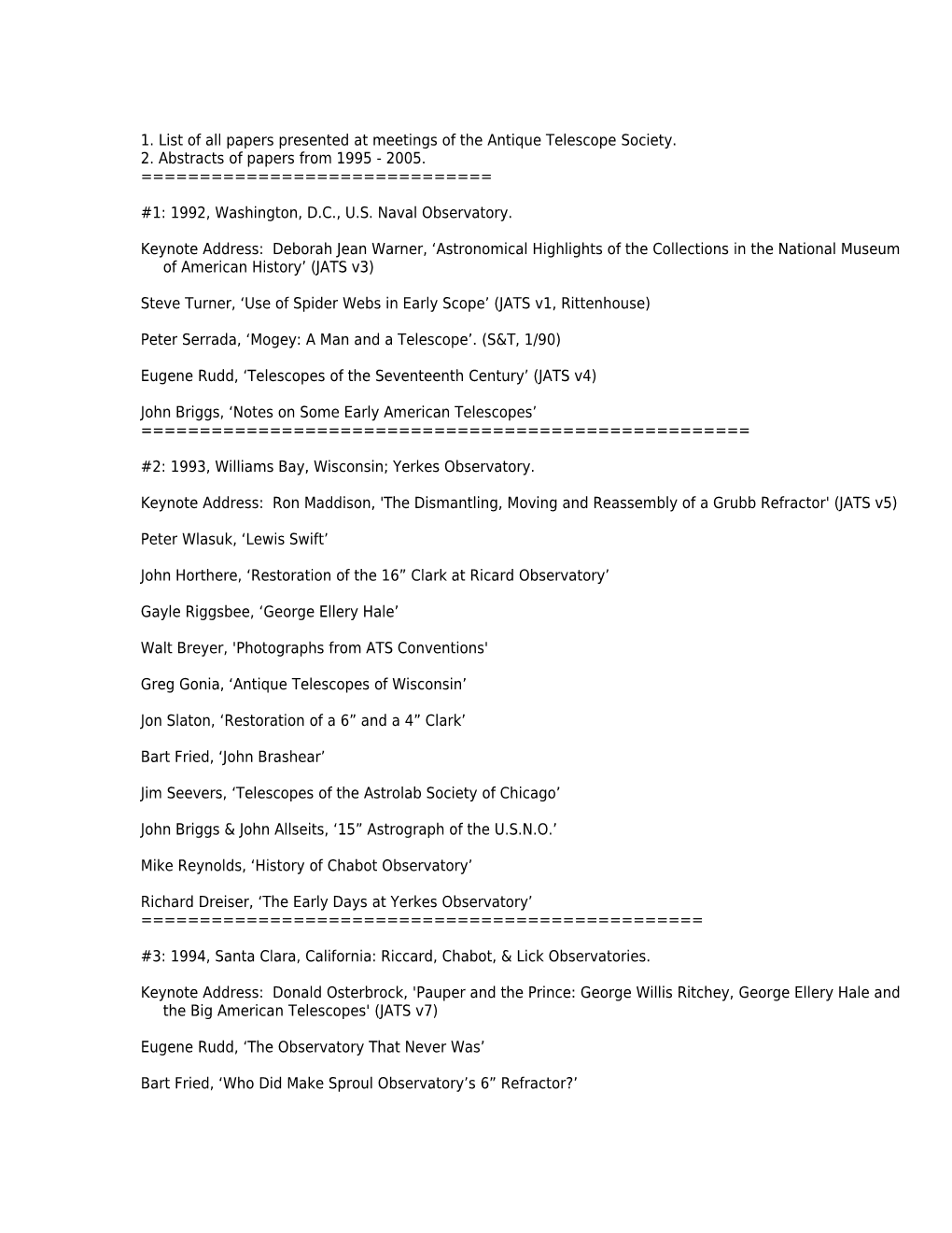 1. List of All Papers Presented at Meetings of the Antique Telescope Society