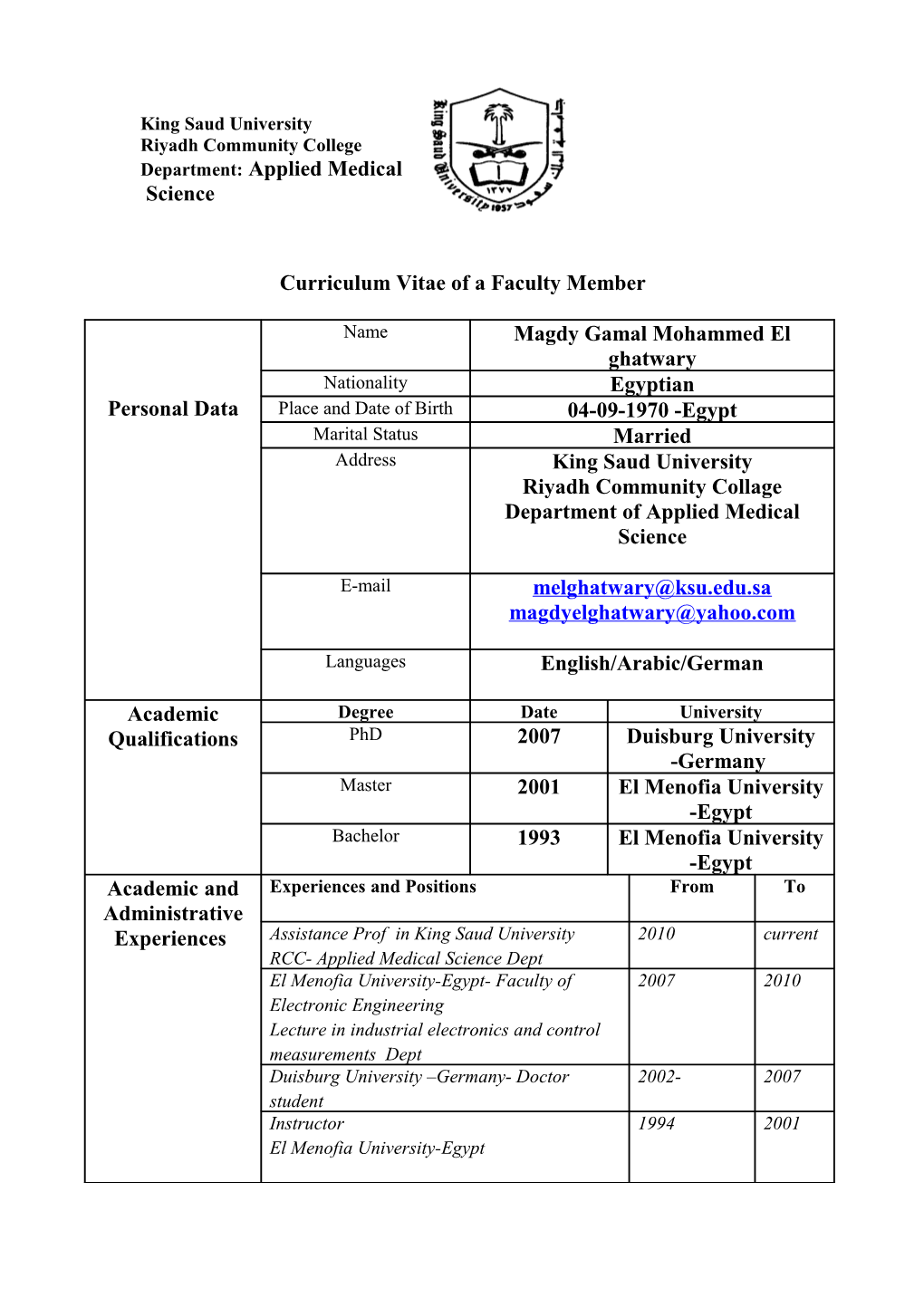 Curriculum Vitae of a Faculty Member