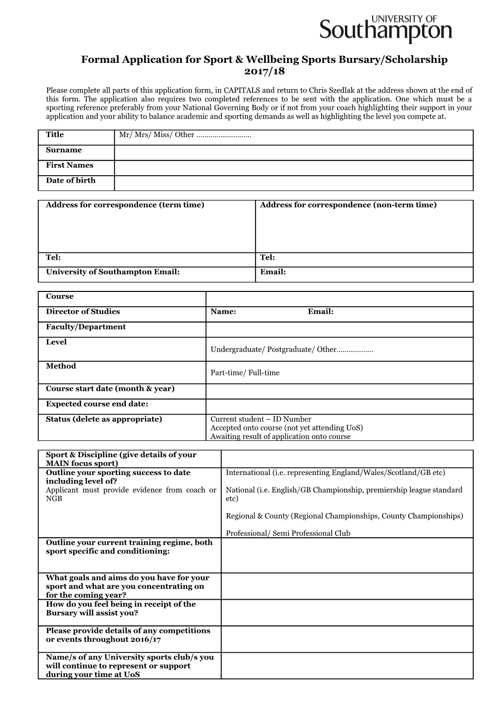 Application for Sportrec Sports Bursary/Scholarship 2006/07