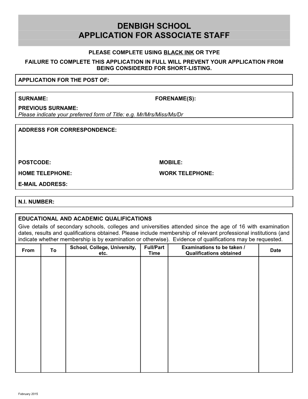 Application for Associate Staff