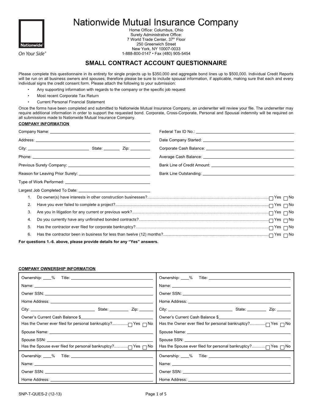 Small Contract Account Questionnaire