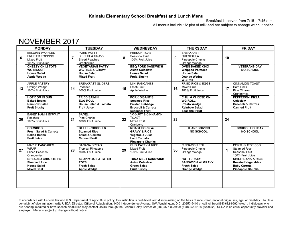 Kainaluelementary School Breakfast and Lunch Menu
