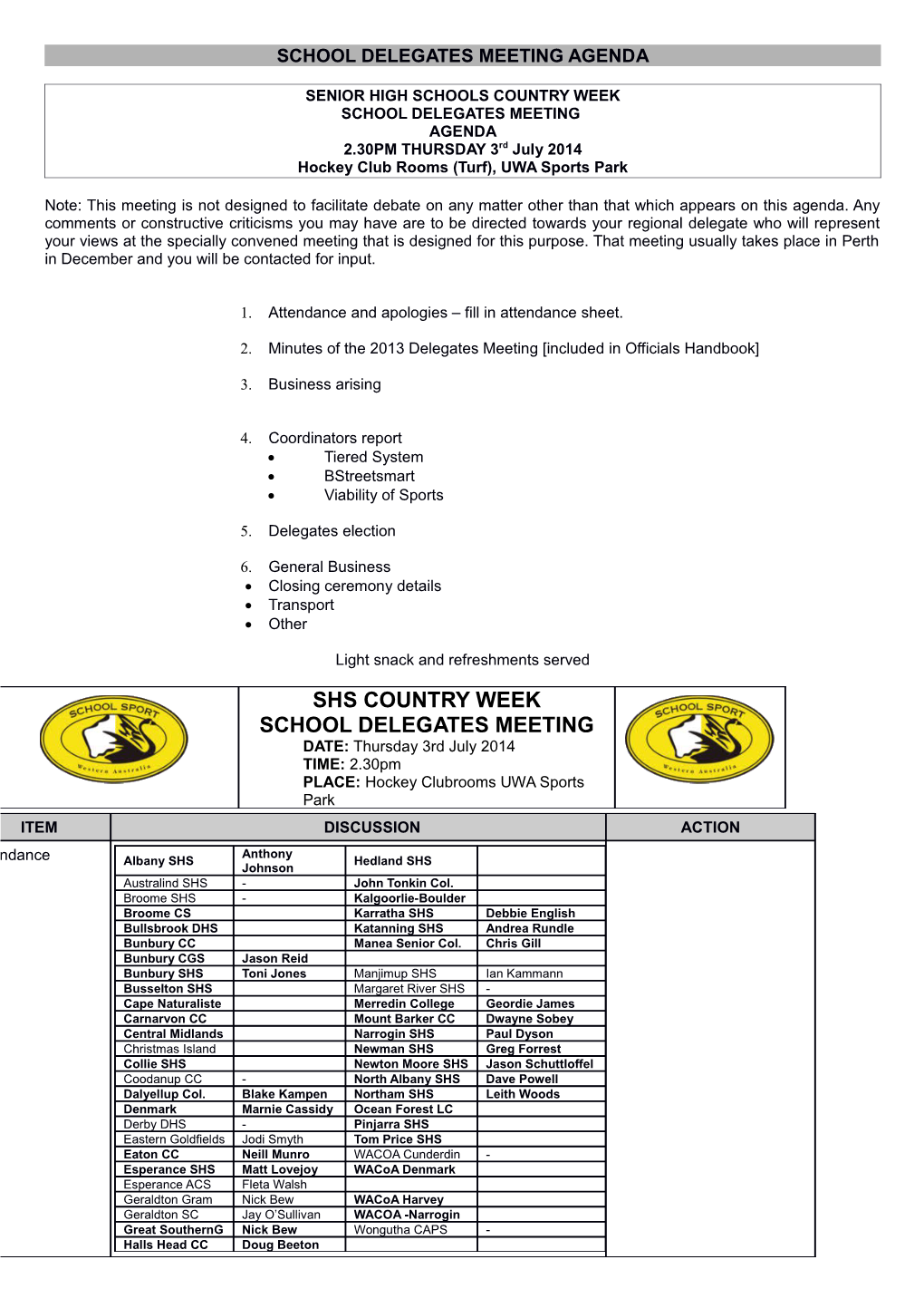 School Delegates Meeting Agenda