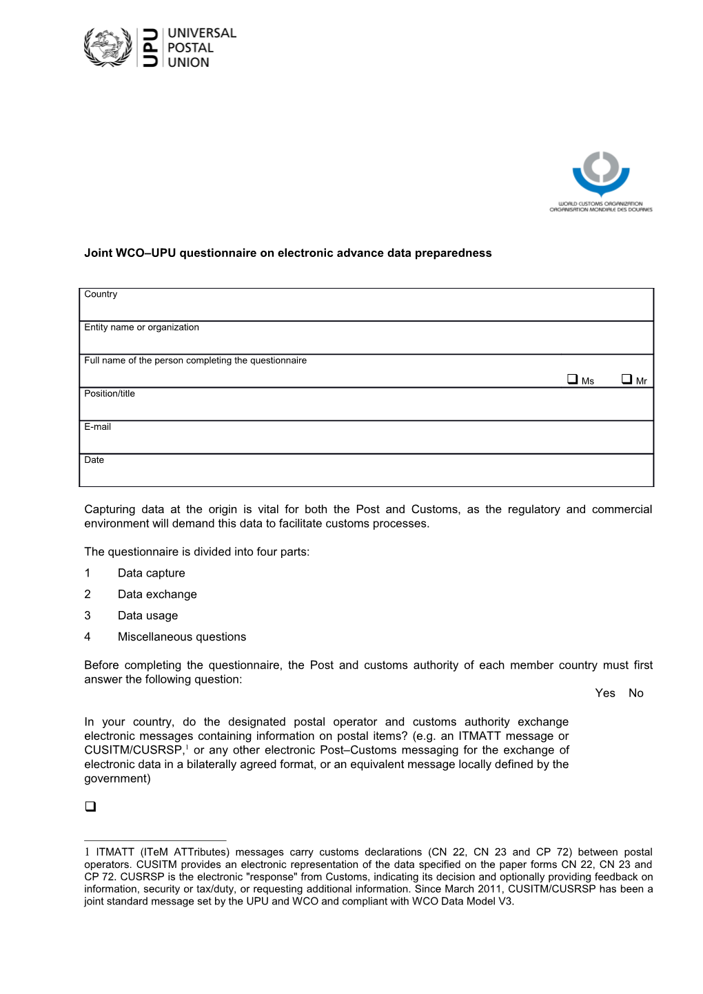 Joint WCO UPU Questionnaire on Electronic Advance Data Preparedness