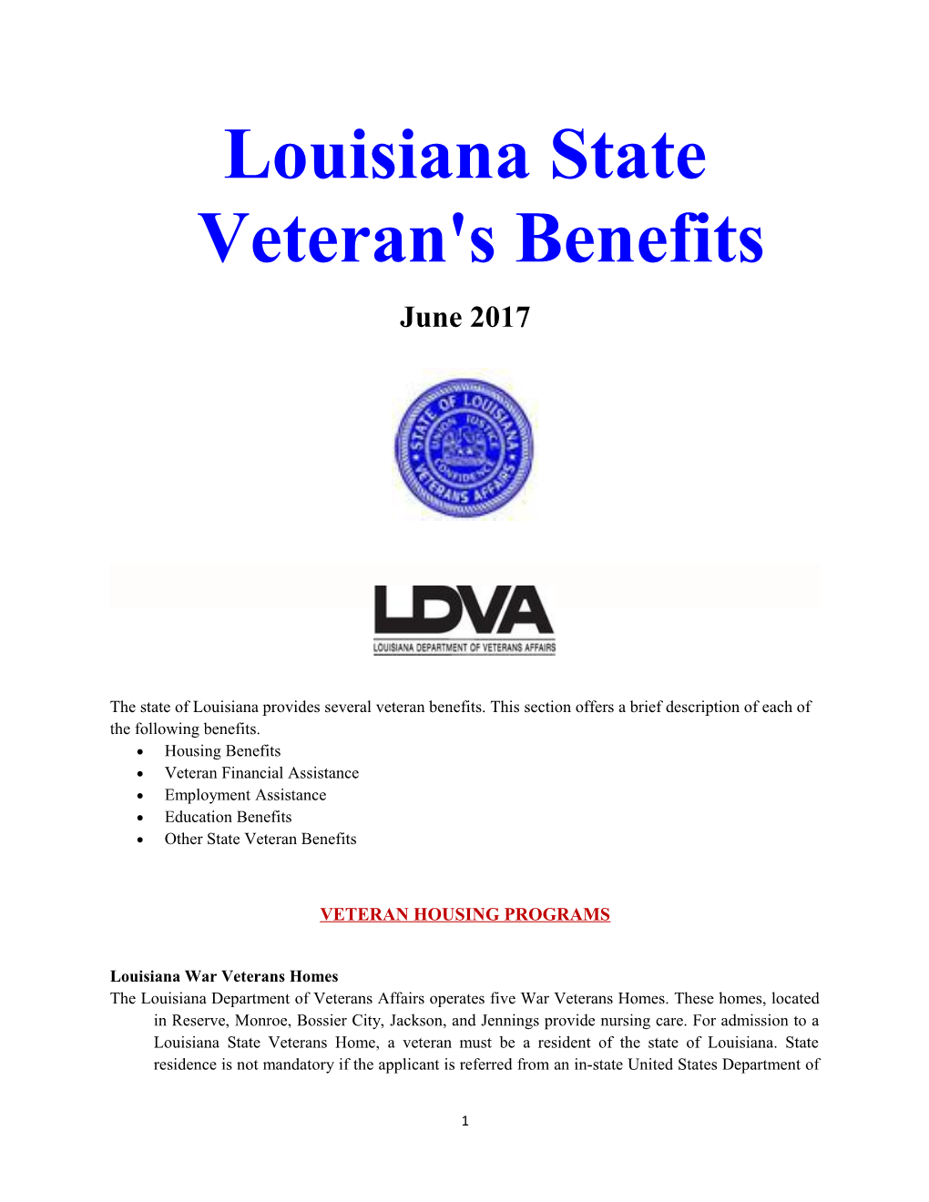 Louisiana State Veteran's Benefits