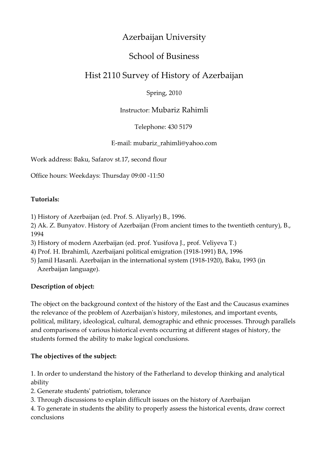 Hist 2110 Survey of History of Azerbaijan