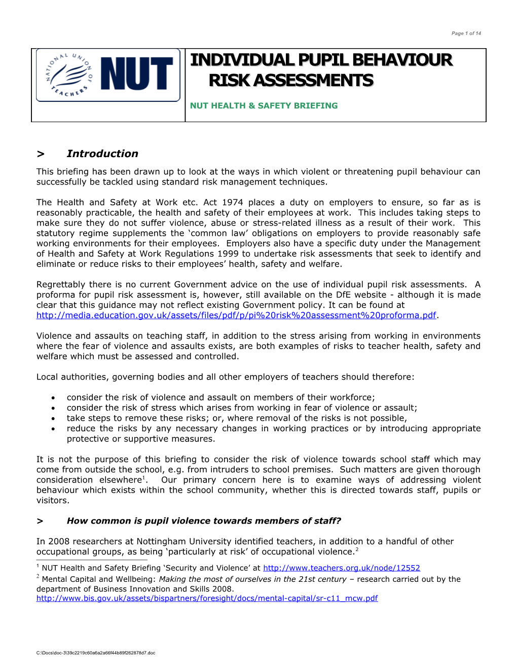 Individual Pupil Behaviour Risk Assessments