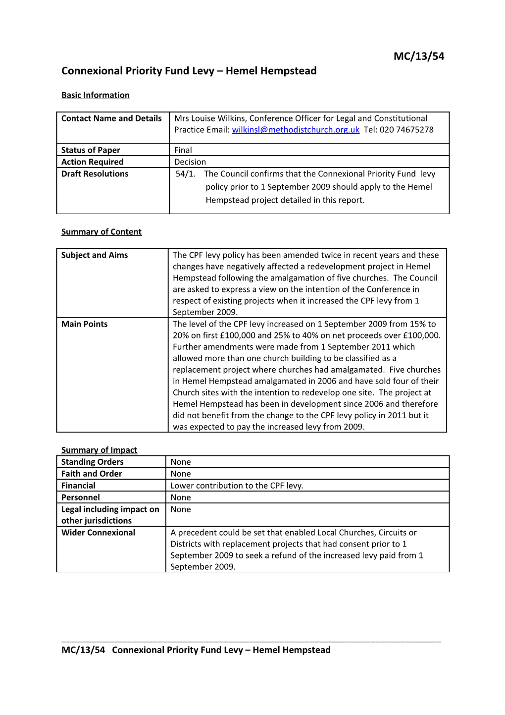 Connexional Priority Fund Levy Hemel Hempstead