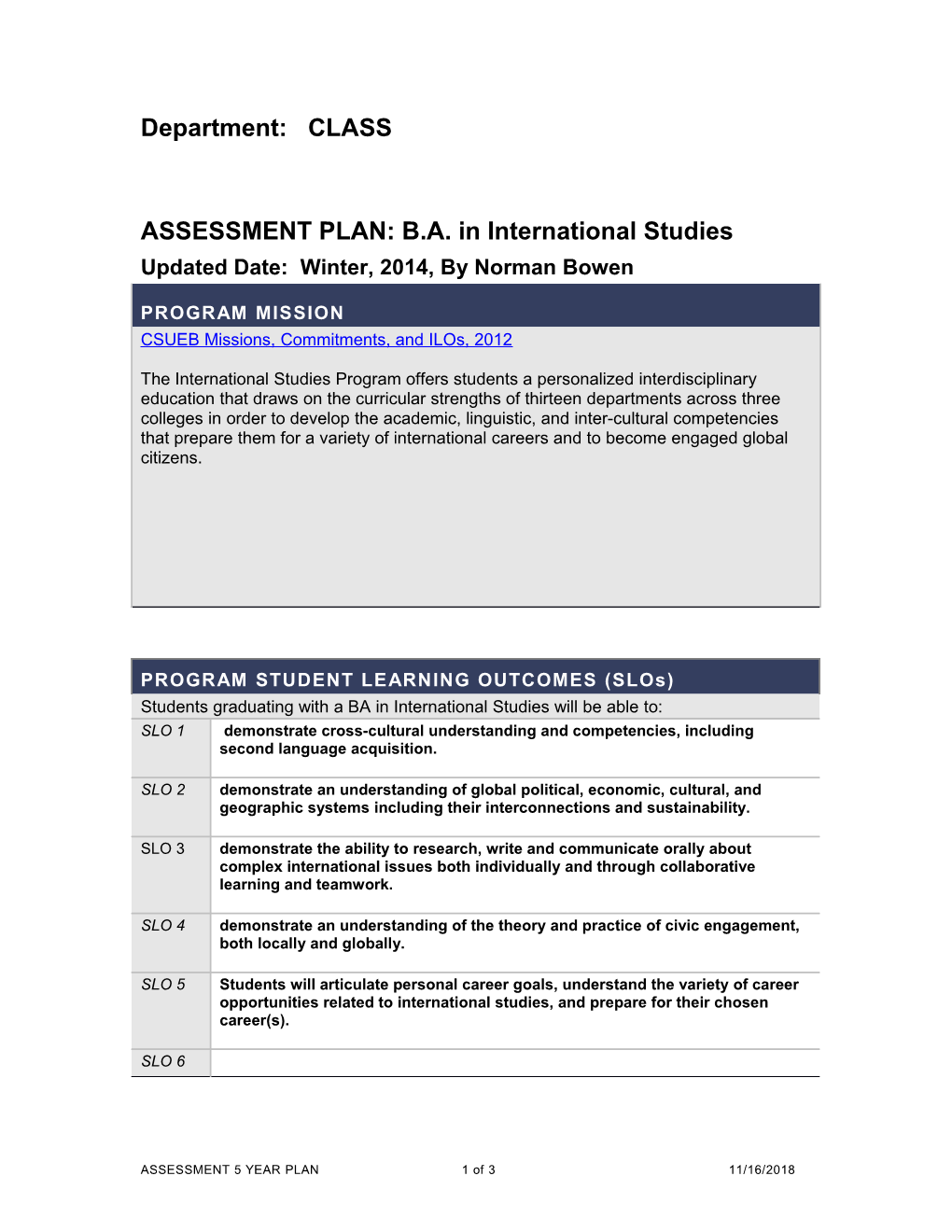 ASSESSMENT PLAN: B.A. in International Studies