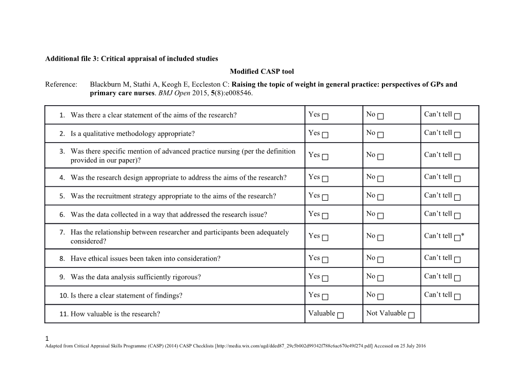 Additional File 3: Critical Appraisal of Included Studies