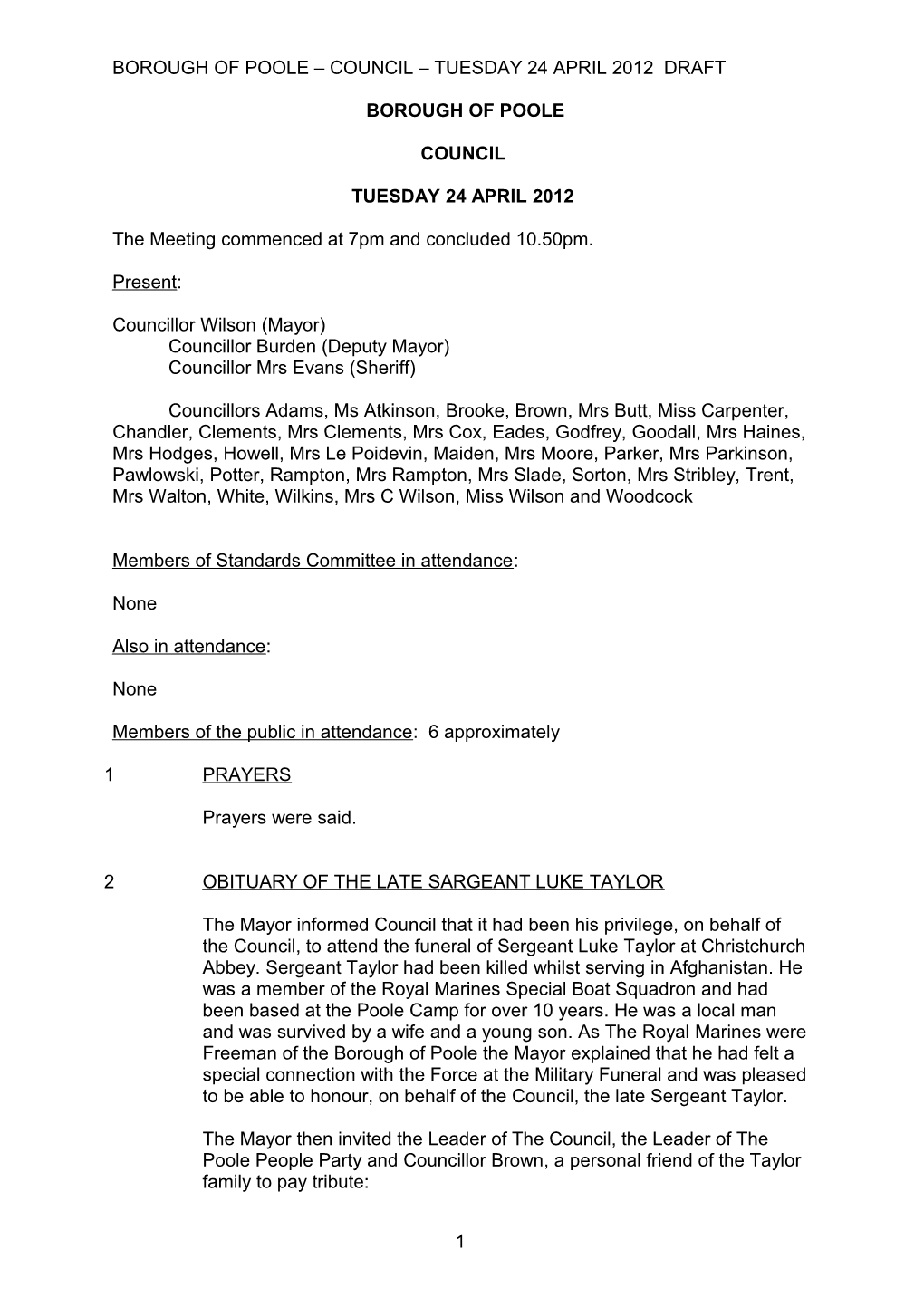 BOROUGH of POOLE Council Tuesday 24 April 2012 DRAFT