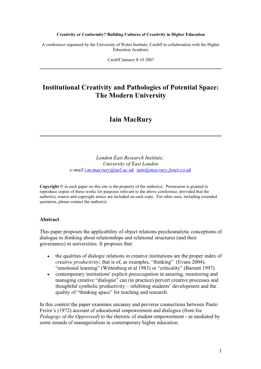 Institutional Creativity and the Pathologies of Potential Space