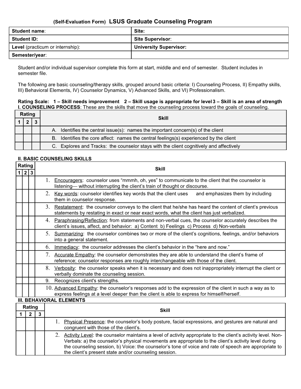 (Self-Evaluation Form) LSUS Graduate Counseling Program