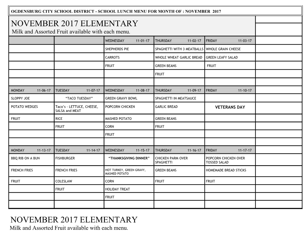 Ogdensburg City School District - School Lunch Menu for Month of : Ofa November 2010