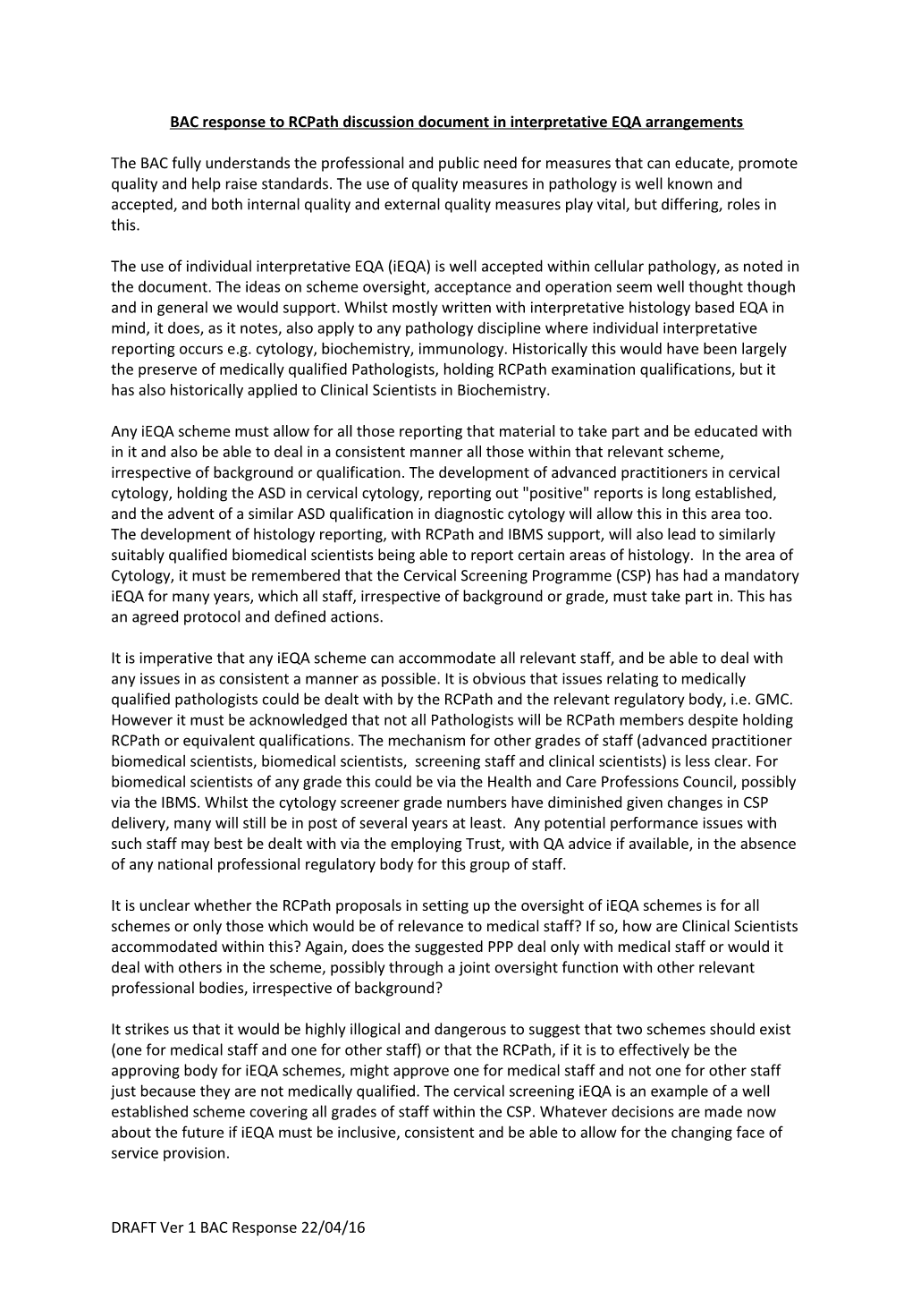 BAC Response to Rcpath Discussion Document in Interpretative EQA Arrangements