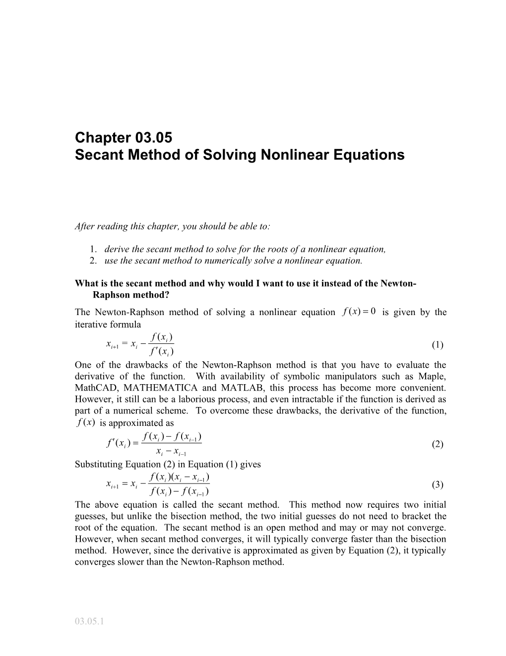 Secant Method of Solving Nonlinear Equations: General Engineering