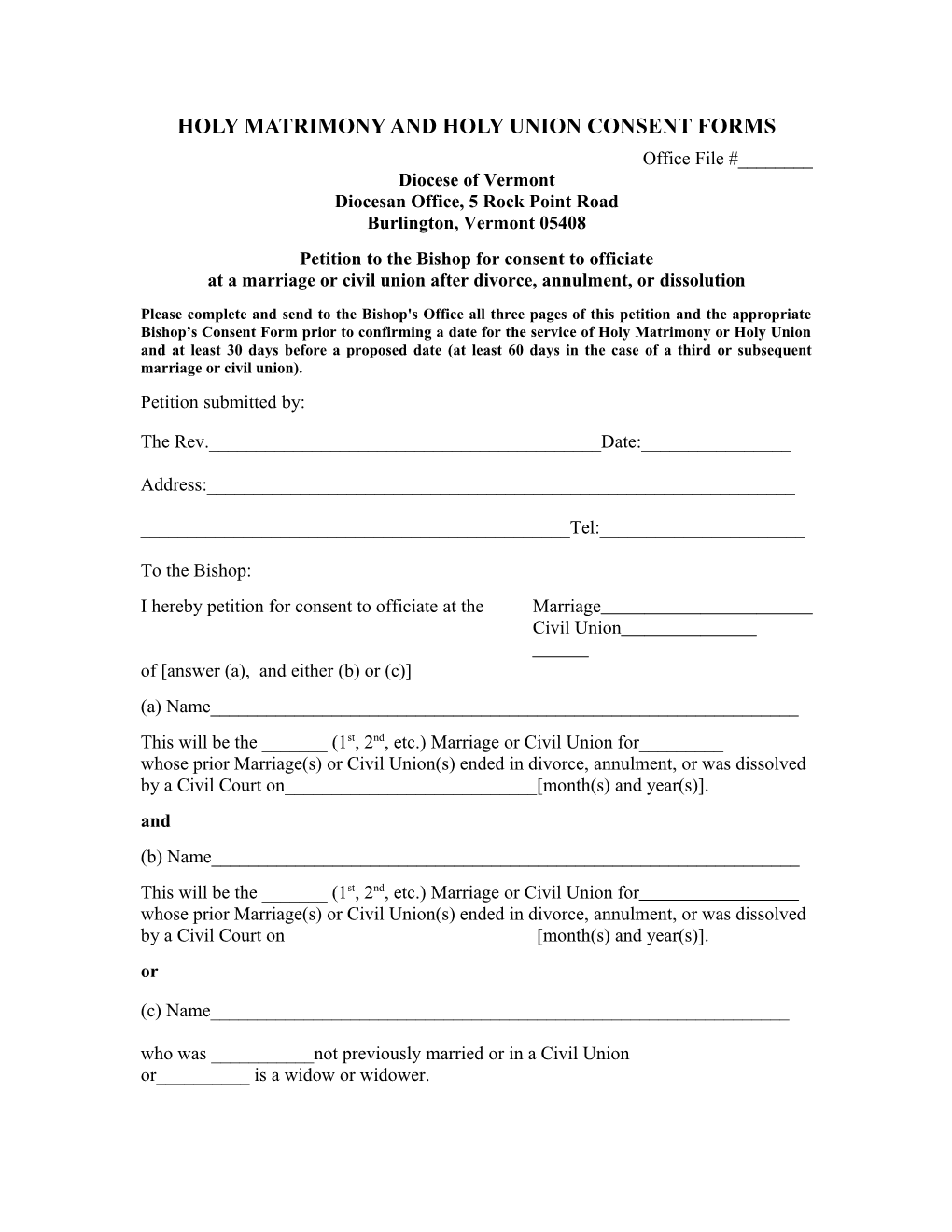 Holy Matrimony and Holy Union Consent Forms